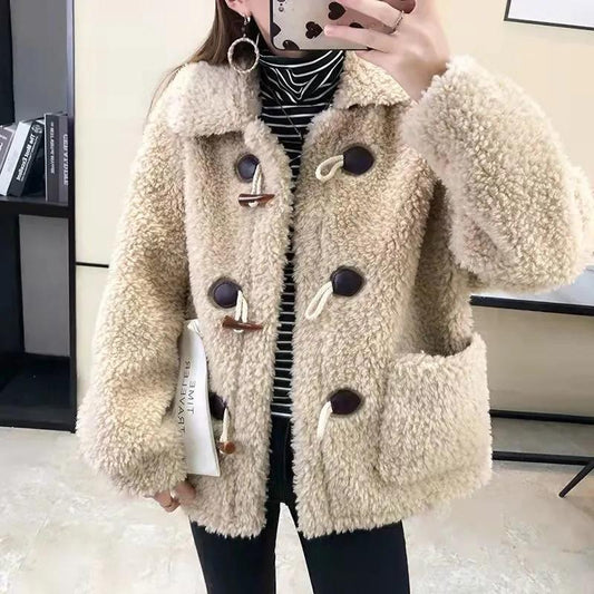 Women's Lamb Wool Coat Horns Buckle Sheared Wool Winter Korean Style Thick Square Collar Not Shed Hair Lapel Casual Loose Grain fleece Jacket Coat