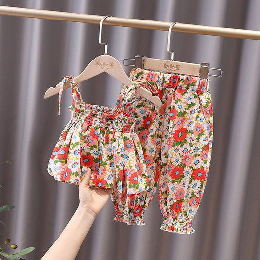 Girls' Summer Suits Children's Dots Net Red Western Style Summer Slings Short-sleeved Two-piece Suits