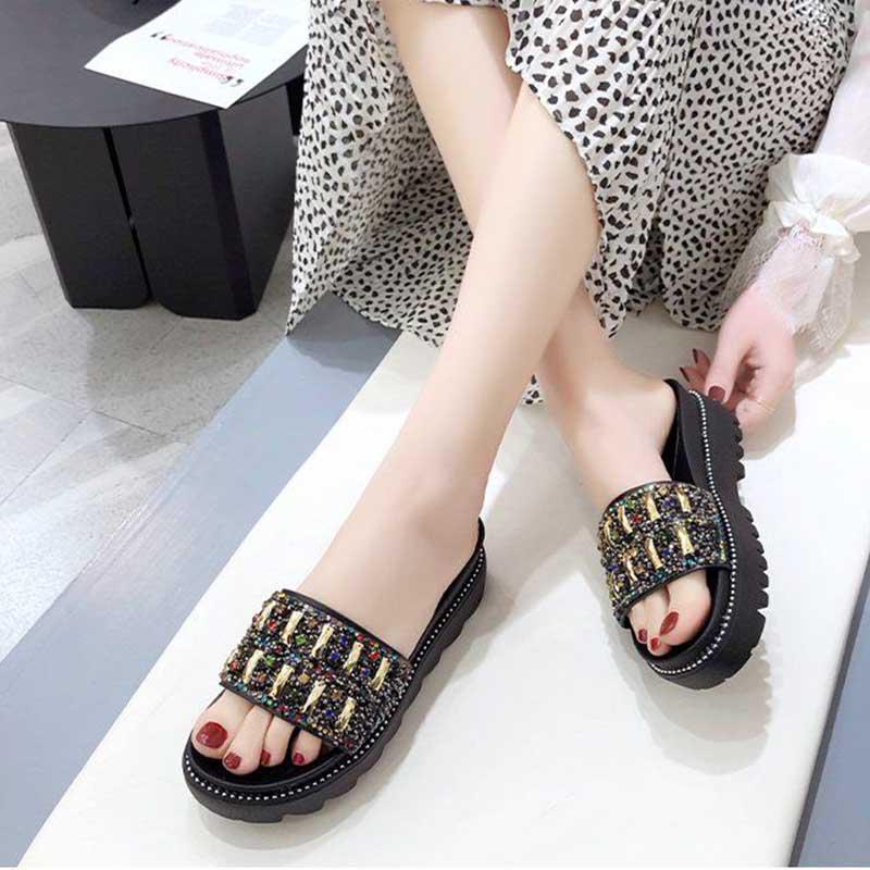 Size35-40 Summer Women Slippers Bohemian Beach Wear-resistant Non-slip Slippers Wedge Platform Leopard Print Sandals Outdoor Crystal High Heels