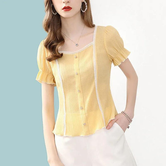 Women's Summer Square Neck Top Loose Chiffon Puff Sleeves