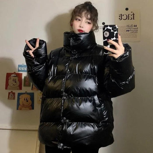 Winter Korean Version of The Net Red Thickened Bright Face Loose Stand-up Collar BF Wind Long-sleeved Cotton Jacket Women