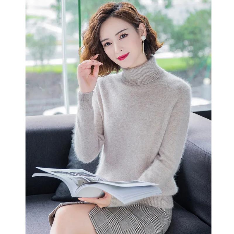 Women's Pure Mink Sweater Turtleneck Pullover Bottoming Sweater Slim Thick Plus Size Sweater Solid Slim Fit Long Sleeves Sweater Shirt Top