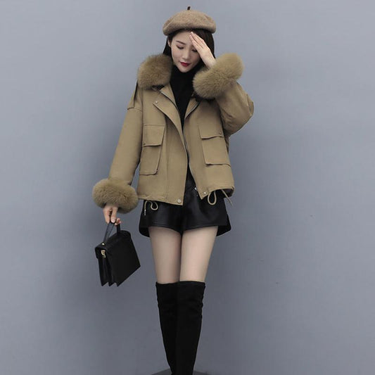 Parker Overcome Female Imitation Fox Big Fur Collar Lamb Wool Short Frock Coat with Velvet To Keep Warm and Comfortable