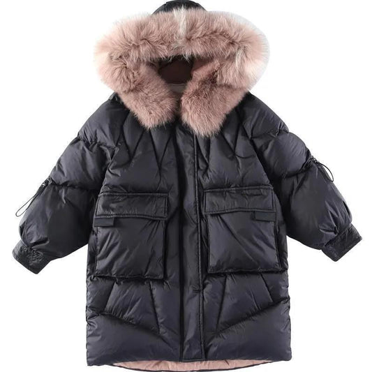 Girls' Down Jacket Mid-length Winter Children's Winter Jacket Warm Clothes with Fur Collar