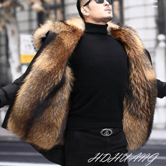 Handsome Men's Fur Collar Imitation Mink Fur Jacket with Detachable Liner and Thickening Imitation Fur