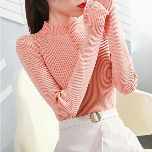 Slim All-match Knit Sweater Bottoming Top Half High Collar Lace Sleeve Button Sweater Women's Inner Wear Autumn and Winter