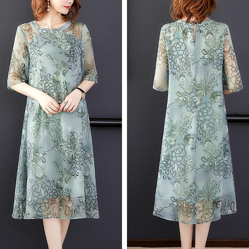 Women's Mid-length Dress Clothing Large Size Loose Chiffon Round Neck Short Sleeve Printing