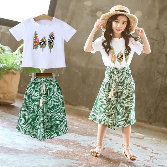 Girls' Summer Fashionable Suits Big Kids Children's Clothes Western Style Wide-leg Pants Printed Two-piece Suit