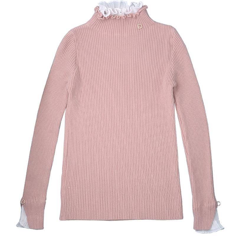 Pofulove Half Turtleneck Bottoming Sweater Women's Autumn Winter Fake Two-piece Lace Lotus Leaf Top