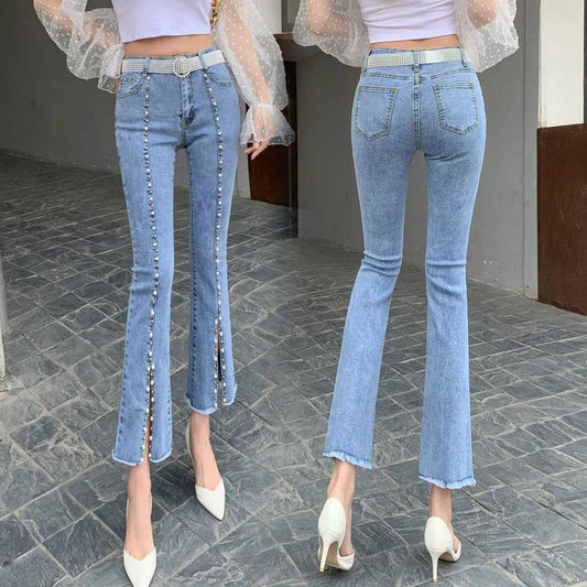 Women's Spring Flared Denim Cropped High Waist Elastic Stitching Slit Beaded Boot Cut Pant Ladies Slim Pants