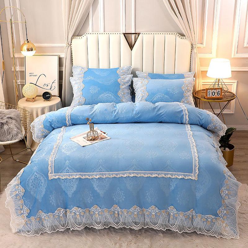 4pcs/set Winter High-end Bedding Coral Fleece Bed Skirt Double-sided Thickening Warm Flannel Duvet Cover