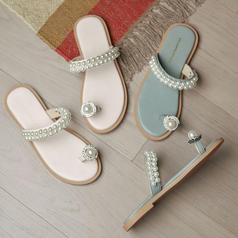 Sandals Women's Summer Flat Bottom All-match Pearl Rhinestone Sandals Fairy Style Beach Slippers Women's Outer Wear