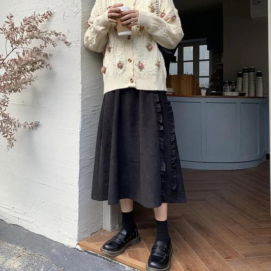 Wine Red Corduroy Tutu Skirt with Fungus, Autumn and Winter Style All-match Western Style Skirt Women's Mid-length Skirt