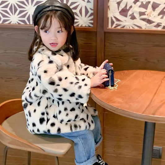 Girls Leopard Print Imitation Fur Jacket Children Korean Version Loose Western Style Lapel Autumn and Winter Plush Thick Cotton Jacket