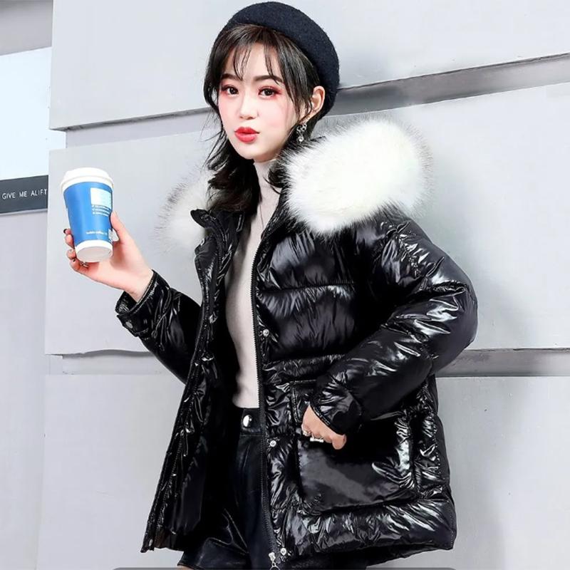 Women's Glossy Loose Down Jacket Mid-length Korean Thick Coat Warm Cotton Coat with Big Fur Collar Winter Quilted Jacket