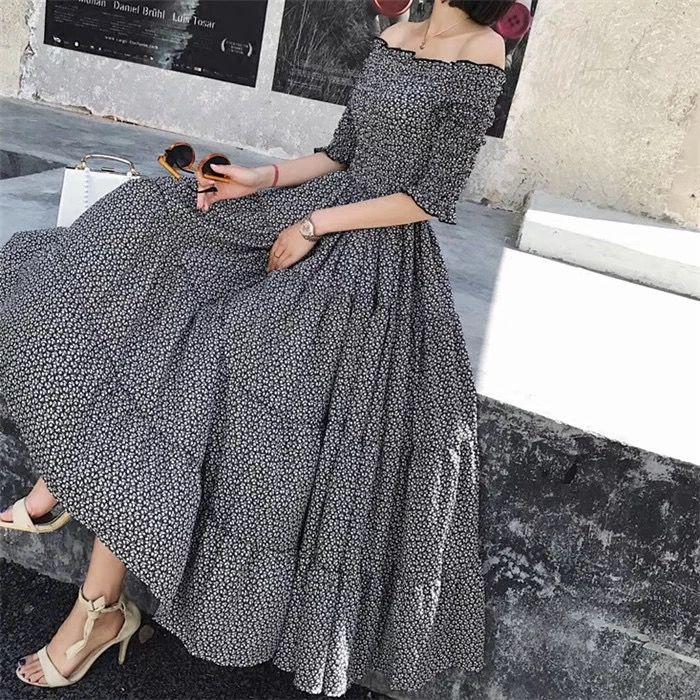 Woman Bohemian Sexy Floral Off-shoulder Dress Elastic Bust High-waist Dress Long Maxi Party Dress