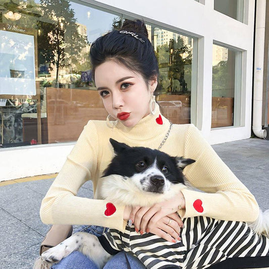 Pofulove crew neck sweater loose turtleneck cute and sweet Pullover sweater women's wild slim top
