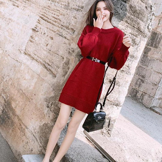 Autumn and Winter Plus Velvet Padded Dress Knitted Mid-length Waist Bottoming Skirt Solid Color Casual Women Sweater Dress