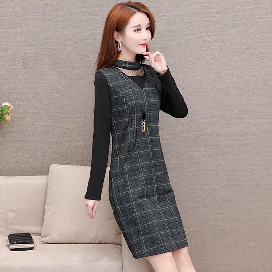 Fashion plaid long-sleeved dress female spring and autumn plus size dress waist was thin skirt