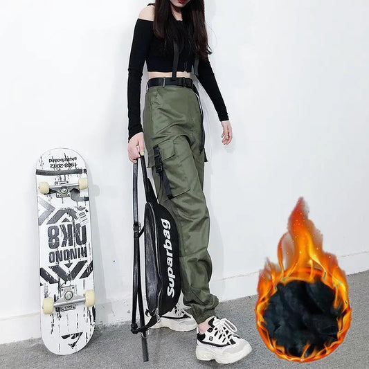 Free Belt Plus Cashmere Overalls for Women Loose Students In Autumn and Winter Handsome Korean Style High Waist Slim Straight Leg Pants Casual Pants