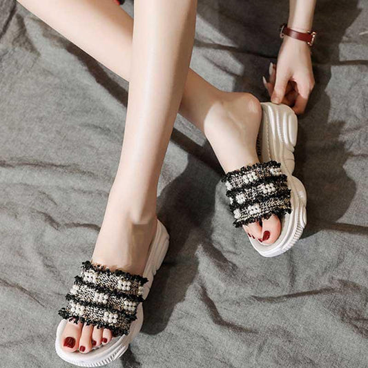 35-40 Summer Women All-match Shiny Slippers Outdoor Pearl High Heels Sandals Bohemian Beach Wear-resistant Non-slip Slippers Wedge Platform Sandals