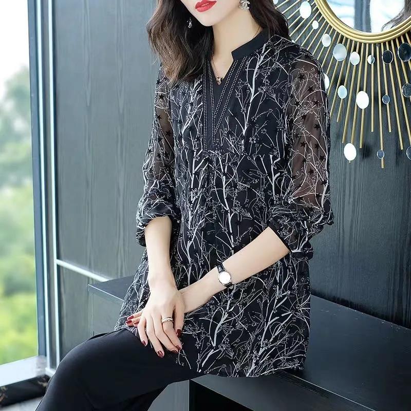 Large Size Chiffon Shirt Fashion Women's Spring and Autumn Style Plus Fertilizer To Increase Long-sleeved Stand-up Collar Loose Shirt