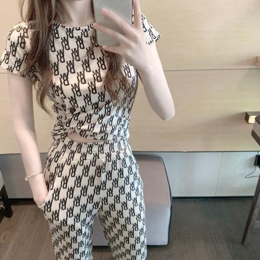 Women Spring Summer Vintage Letter Print Short Sleeve T-shirt High Waist Straight Tube Loose Wide Leg Split Pants Two Piece Set