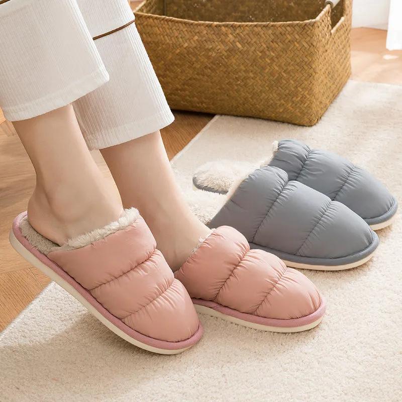 Cotton Slippers Women Thick Fleece Plus Size Couple Winter Shoes Black Plat Non Slip Men Slides