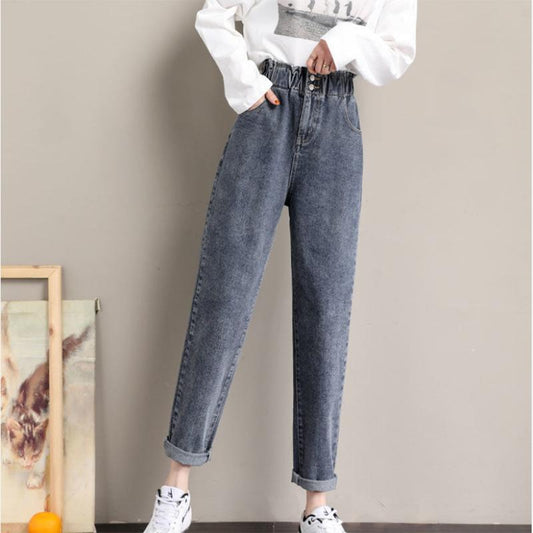 WTEMPO Women's Jeans Elastic Waist Wide Leg Straight Denim Big Pocket Trousers Denim Pants High Waist Harem Pants