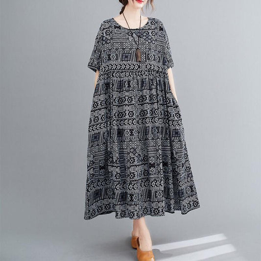 Spring and Summer Women's Skirt Literary Retro Loose Large Size Short-sleeved Women's Dress Skirt