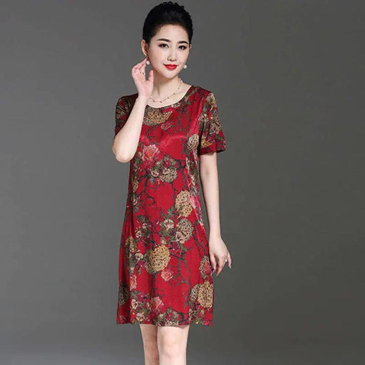 Women's Summer Plus Size Loose Long Dress Print Slim Skirt Mother Dress