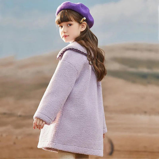 Girls' Plush Warm Jacket Plus Velvet Thick Windproof Winter Clothes Fleece and Lamb Wool Polar Fleece Coat