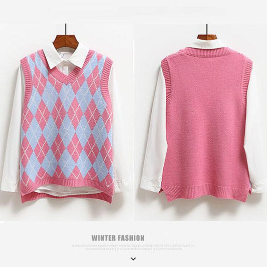 College Style Loose Vest All-match Diamond Check Sweater Splicing Color Sleeveless Fashion Sweater