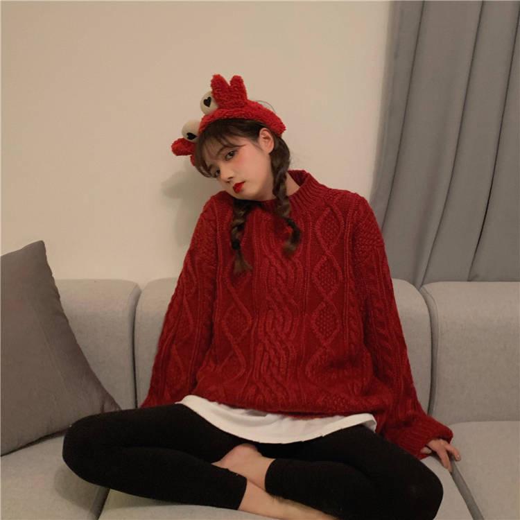 Pofulove Sweater Women's Autumn Winter Loose Wild Thickening Wear Lazy Wind Twist Coat Student