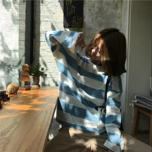 Fall Women Casual Round collar Lady Autumn Long sleeve T-Shirt Striped Basic Tee Pullover