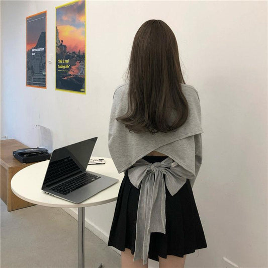 Fall Version of Bow Loose Simple Long-sleeved T-shirt Women Simple Pure Color Bare Back Top Blouse Tee