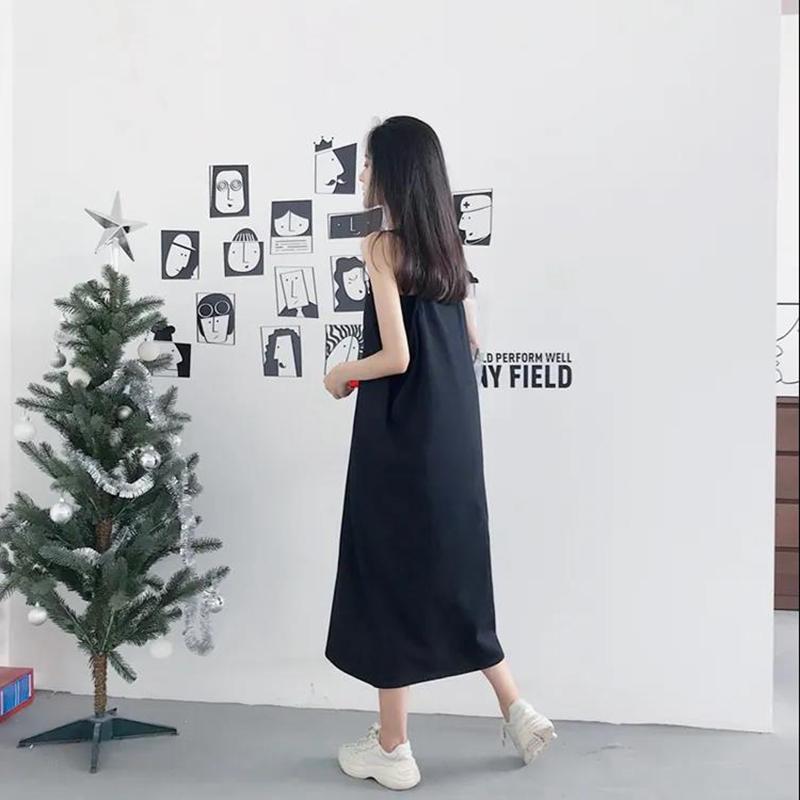 Hip-hop Summer Sexy Girl Suspender Long Skirt Strap Dress Loose Over The Knee L-XXXL Solid Color Sleeveless Straight Dress