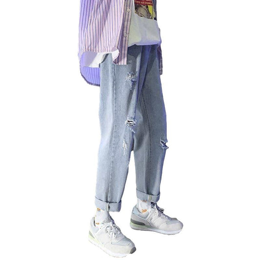 Men's Ripped Jeans Summer Thin Loose Straight Nine-point Pants Casual Pants Men's Trend