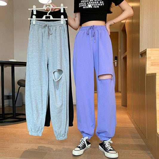 Women's Gray Sweatpants Loose Feet Summer Thin Casual Looking Thin All-match Purple Pants Hole Harem Sweatpants