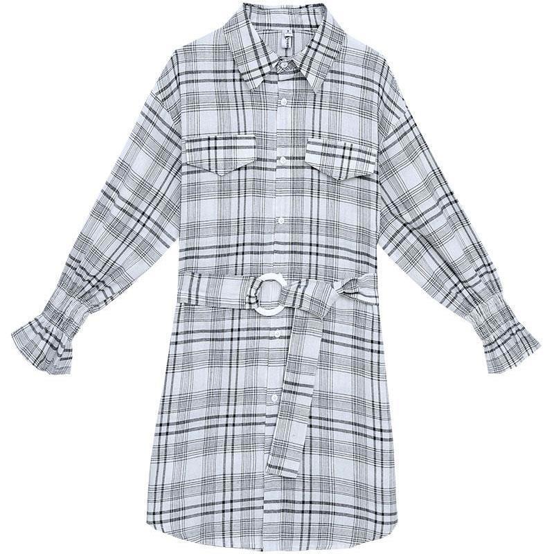 Spring Summer Women's Plaid Shirt Dress Slim OL Style Single-breasted Shirt Dress with Belt Office Ladies Outfits