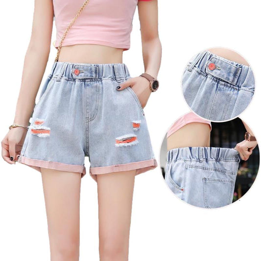 WTEMPO Women Loose Ripped Pants Big Pocket High Elastic Waist Denim Shorts Spring and Summer Wide Leg A-line Thin Casual Jeans