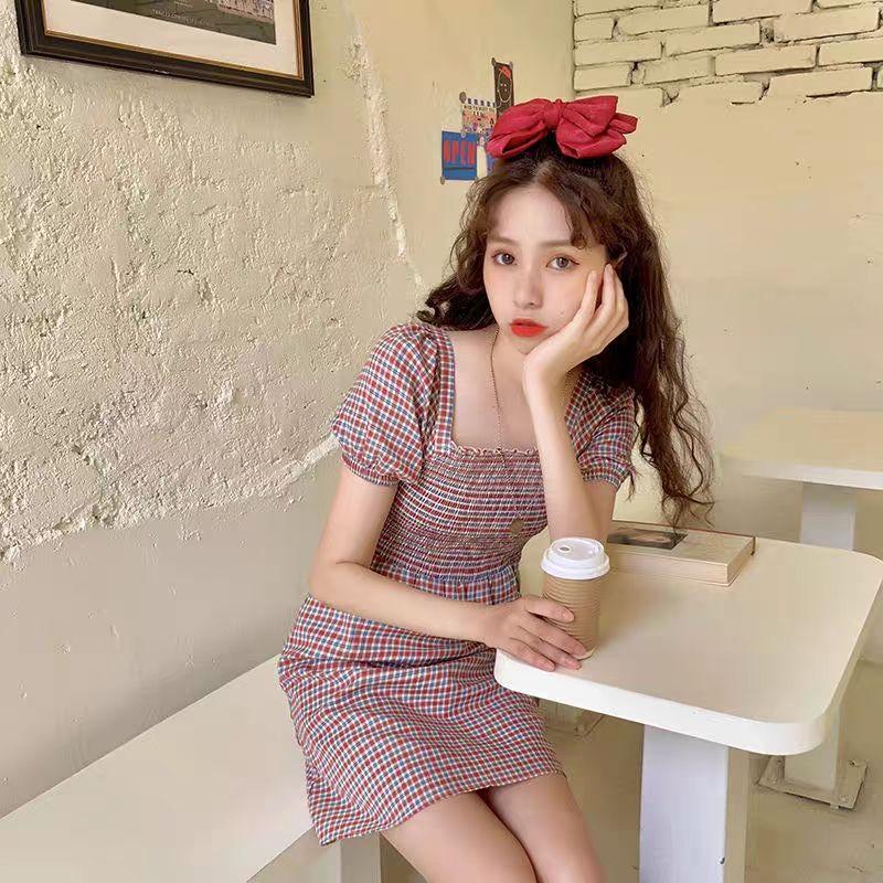 Female Backless Lattice Vintage Holiday Dress Slim Puff Sleeve Graceful Party Short High Waist Dress