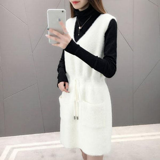Autumn Mohair V-neck Sweater Skirt Knitting Versatile Sleeveless Vest Skirt Mid-length Casual Women's Vest Dress