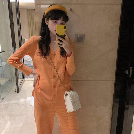 2pcs/set Women's Knit Set Loose V-neck Knitted Cardigan Top and Loose Knit Wide Leg Pants 2 Piece Set Causul Outfits