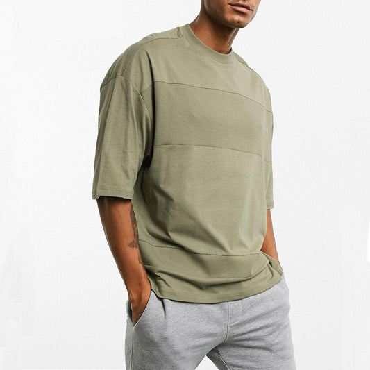 Men's Five-point Sleeve Fitness T-shirt Loose Casual Sports Running Training Clothes Solid Color Stitching Top