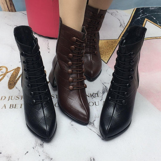 Autumn Winter Boots Ladies Embossed Double-breasted Martin Boots Pointed Toe Leather Ankle Boots for Women