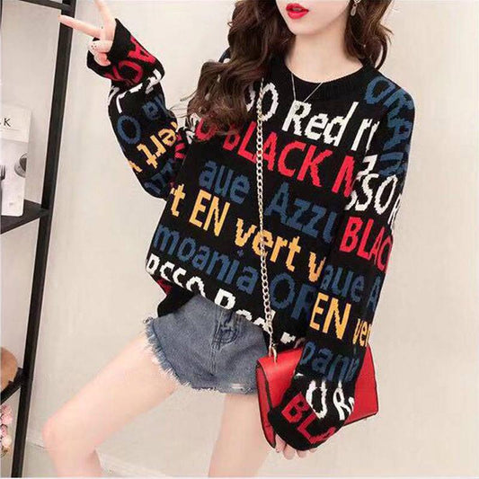 Chic Letter Print Knitwear Crew Neck Loose Knitting Pullover Hit Color Jumper Sweater Top