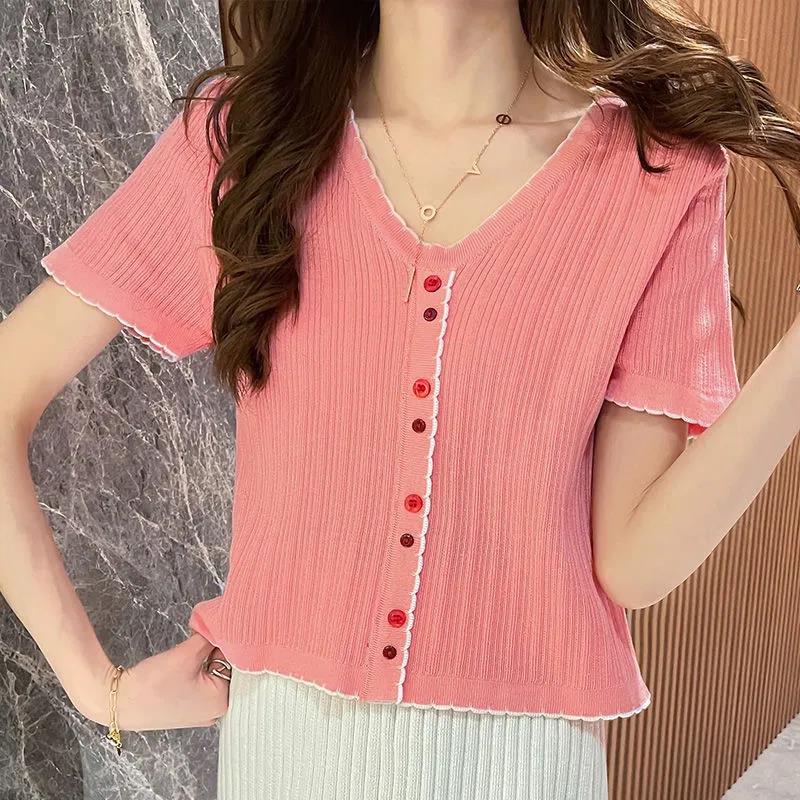 Summer Short Sleeve Women's Solid Color V-neck T-shirt