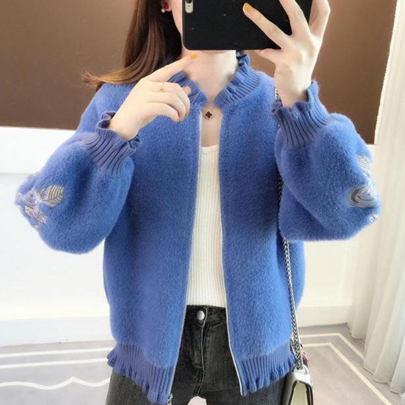 Imitation Mink Velvet Embroidered Ruffled Cardigan Women's Spring and Autumn Style Lazy Style Loose Sweater Zipper Long-sleeved Knitted Jacket