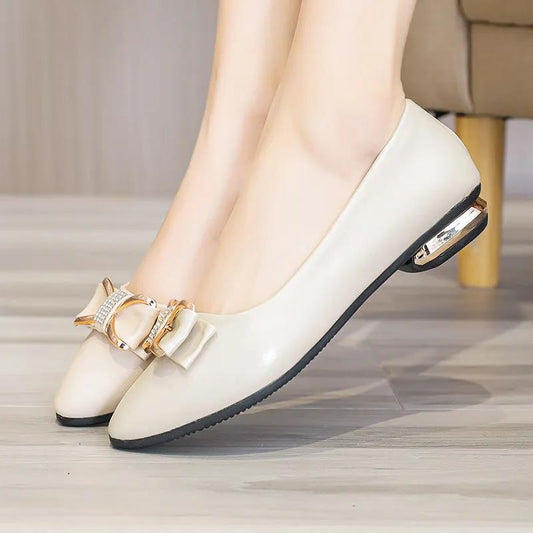 Single Leather Shoes Women's Casual Pointed Toe Spring and Autumn Shallow Mouth Low-heeled Thick-heeled Soft Leather Flat Women's Shoes